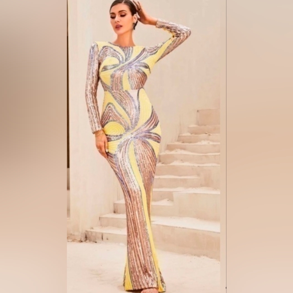 Glamorous Long Sleeve Yellow and Silver Dress